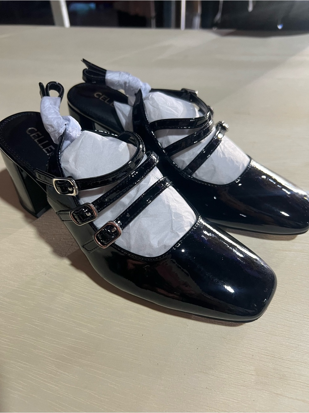 Celine Black Patent Triple-Strap Block Heel Mary-Jane Mules
